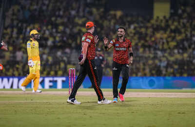 Chennai Sunrisers Hyderabads Harshal Patel and captain Pat Cummins celebrate a