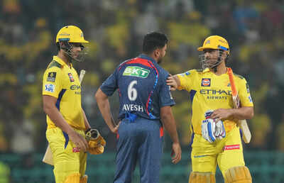 Lucknow Chennai Super Kings captain MS Dhoni and Shivam Dube being congratulat