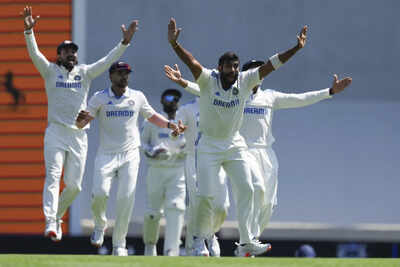 Indias Jasprit Bumrah appeals successfully for the wicket of Australias Marnus