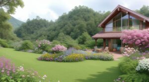  The home is surrounded by a vibrant garden filled with colorful flowers and neatly manicured greenery. 