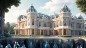 A luxurious, home mansion with grand Gothic-style architecture, featuring pointed spires, ornate detailing, arched windows, and an elegant cream and white façade.