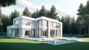 A modern, two-story house with a sleek, minimalist design featuring large glass windows and clean white exterior walls.