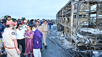 a private bus travelling from hyderabad to bengaluru caught fire near kurnool andhra pradesh after colliding with a bike