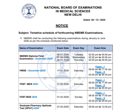 nbems announces tentative exam schedule 2026 for various medical courses check dates here