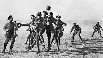 soldiers playing football in no man39s land a year after the christmas truce in 1914 photo credit universal history archiveuiggetty images
